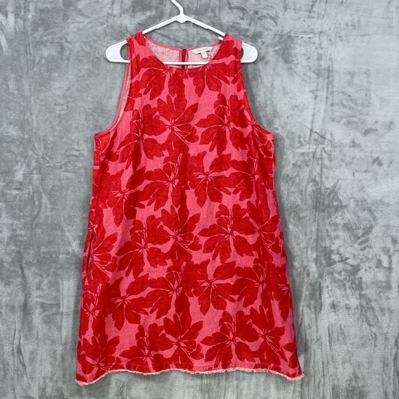 Garnet Hill Dresses & Skirts - Garnet Hill 100% Linen Dress Size 14 European Flax Red Floral Pockets Sleeveless
